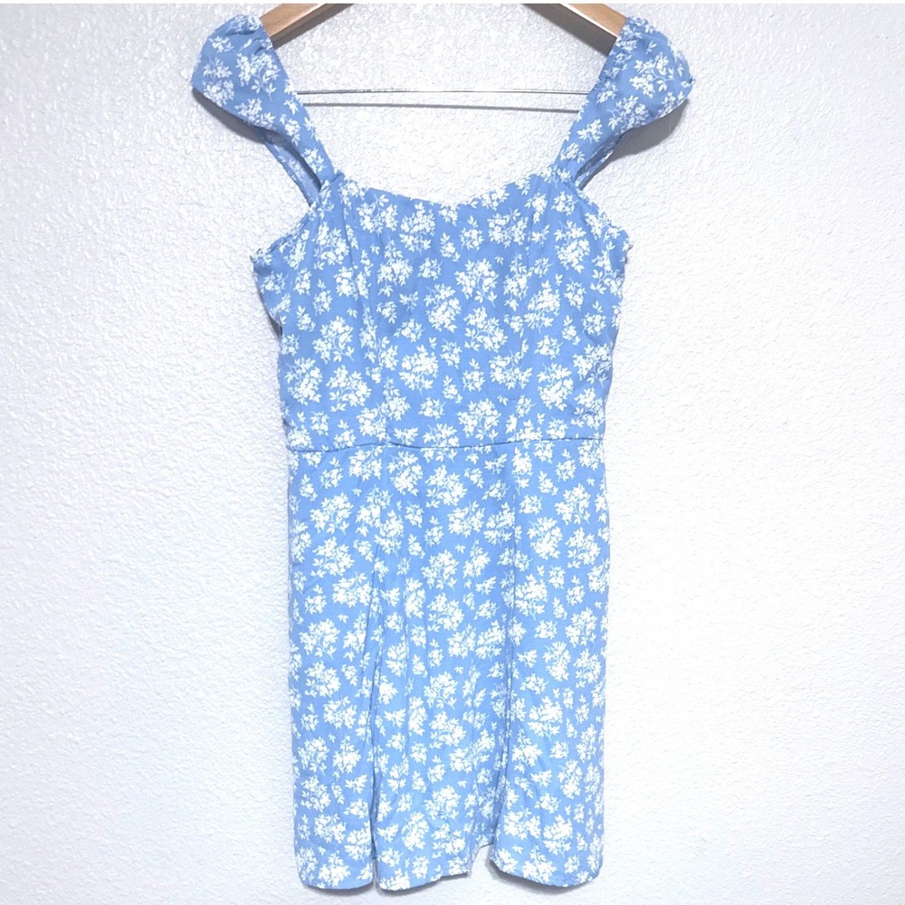 Blue Floral Smocked Mini Summer Dress Ruffle Sleeves Romantic Cottagecore Spring